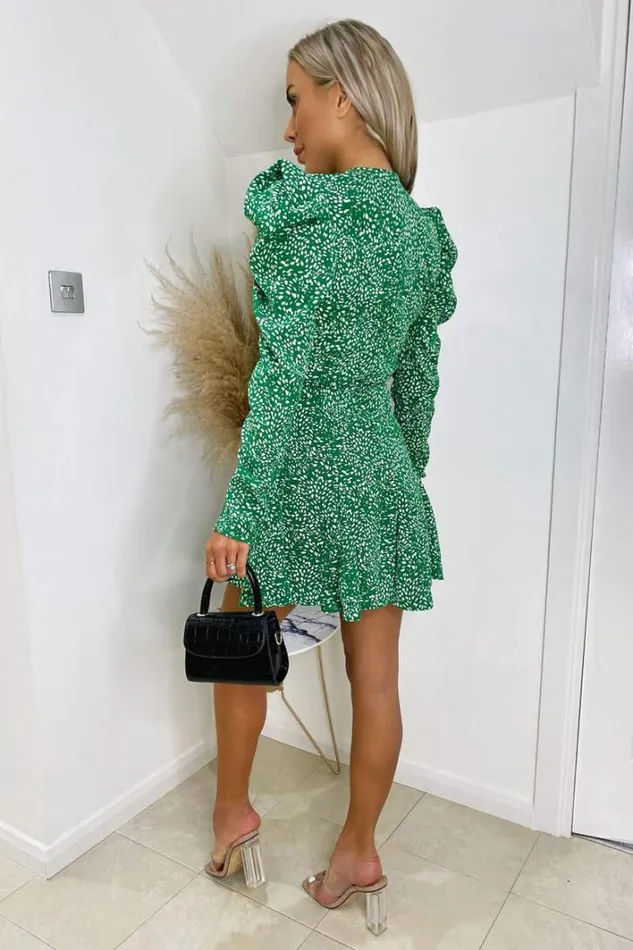 AX Paris Green And White Printed Long Sleeve Pleated Skater Dress Dresses