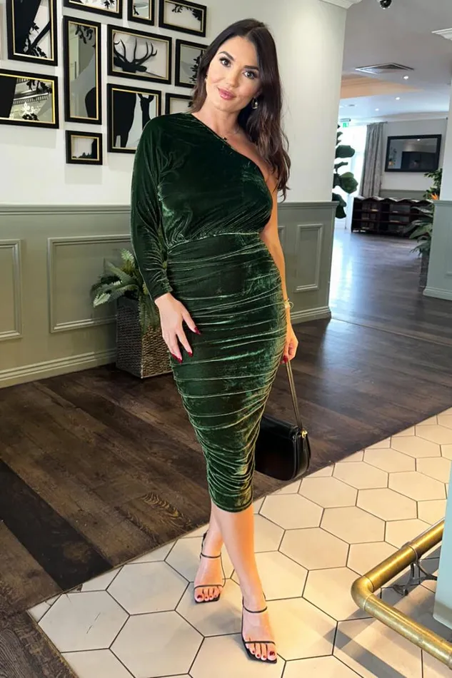 AX Paris Green Velvet One Sleeve Ruched Midi Dress Dresses