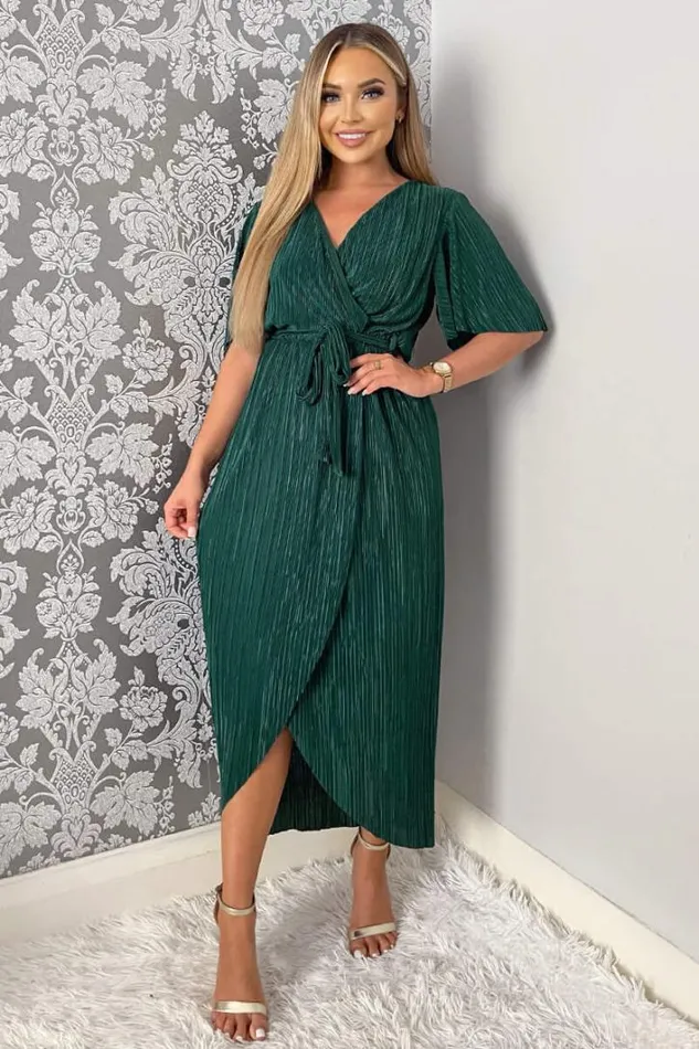 AX Paris Green Wrap Top Belted Short Sleeve Plisse Midi Dress Dresses