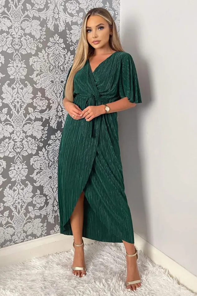 AX Paris Green Wrap Top Belted Short Sleeve Plisse Midi Dress Dresses