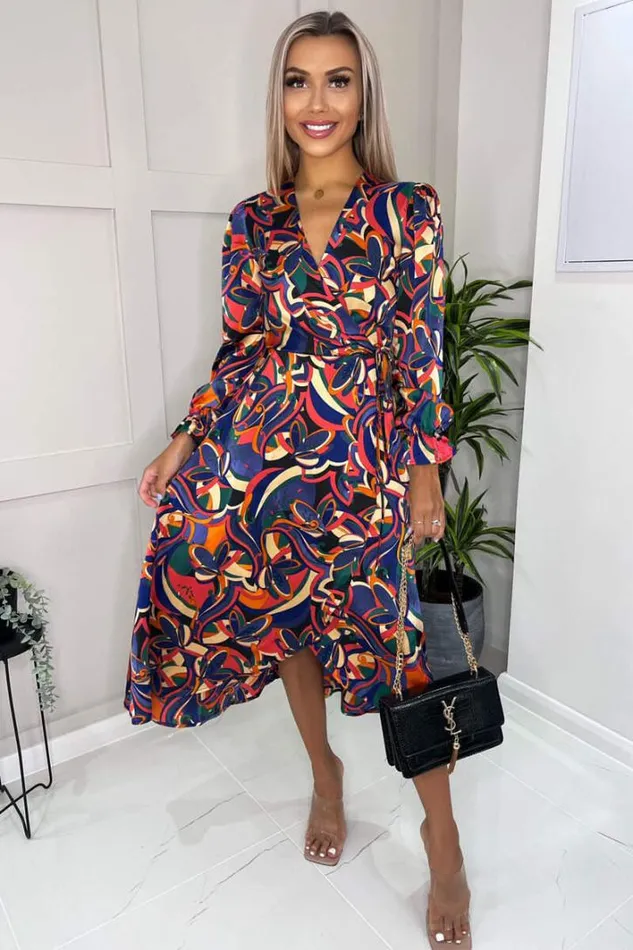 AX Paris Multi Printed Long Sleeve Wrap Over Midi Dress Dresses