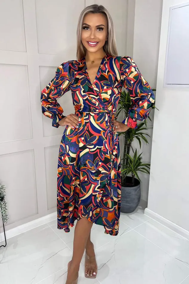 AX Paris Multi Printed Long Sleeve Wrap Over Midi Dress Dresses