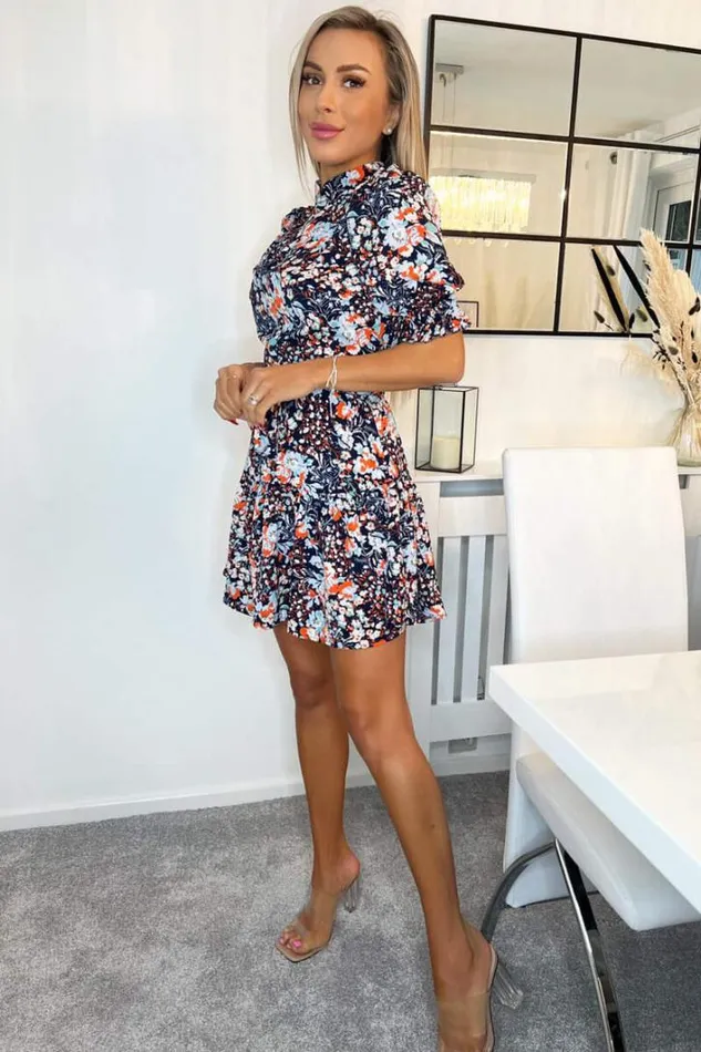 AX Paris Navy Floral High Neck Button Front Mini Dress Dresses