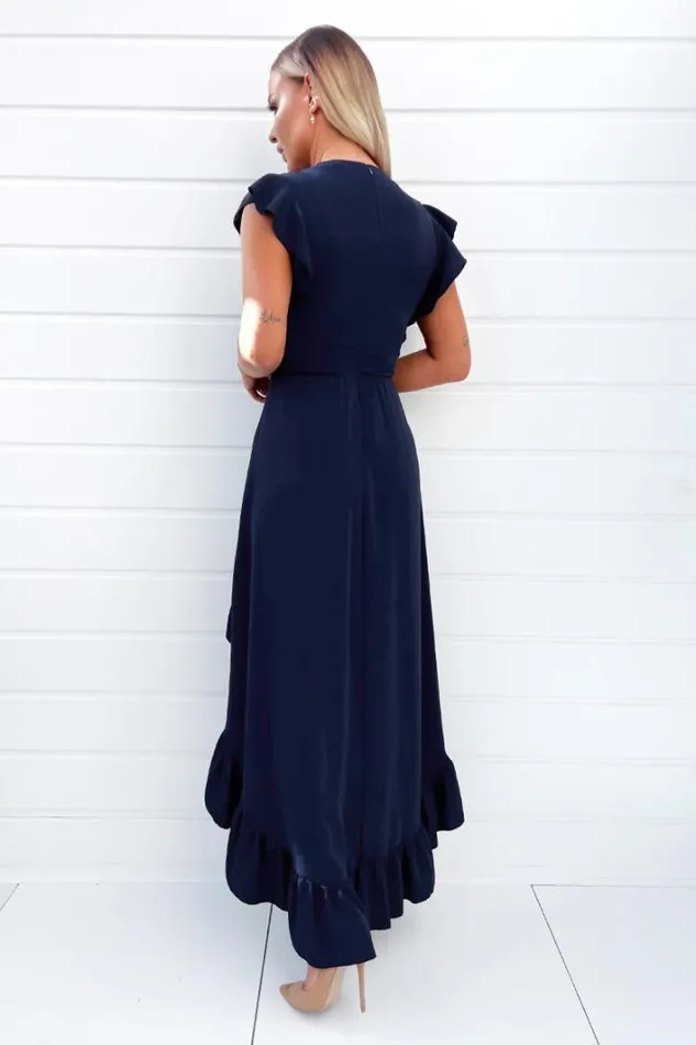AX Paris Navy High Low Frill Hem V Neck Midi Dress Dresses
