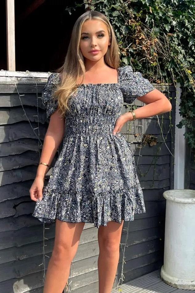 AX Paris Navy Printed Puff Sleeve Shirred Mini Dress Dresses