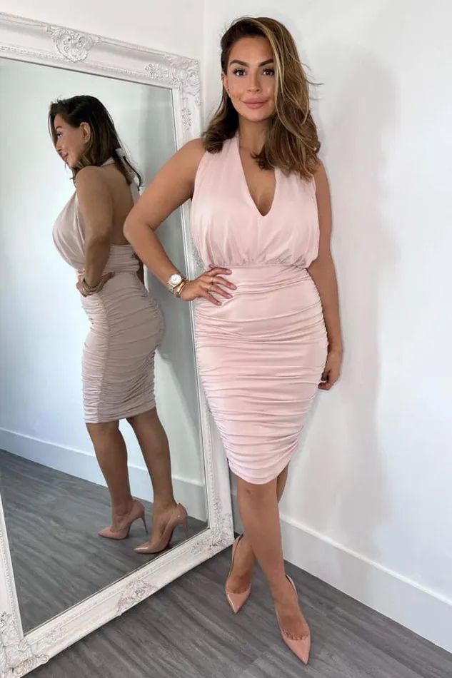 AX Paris Nude Halter Tie Neck Ruched Midi Bodycon Dress Dresses