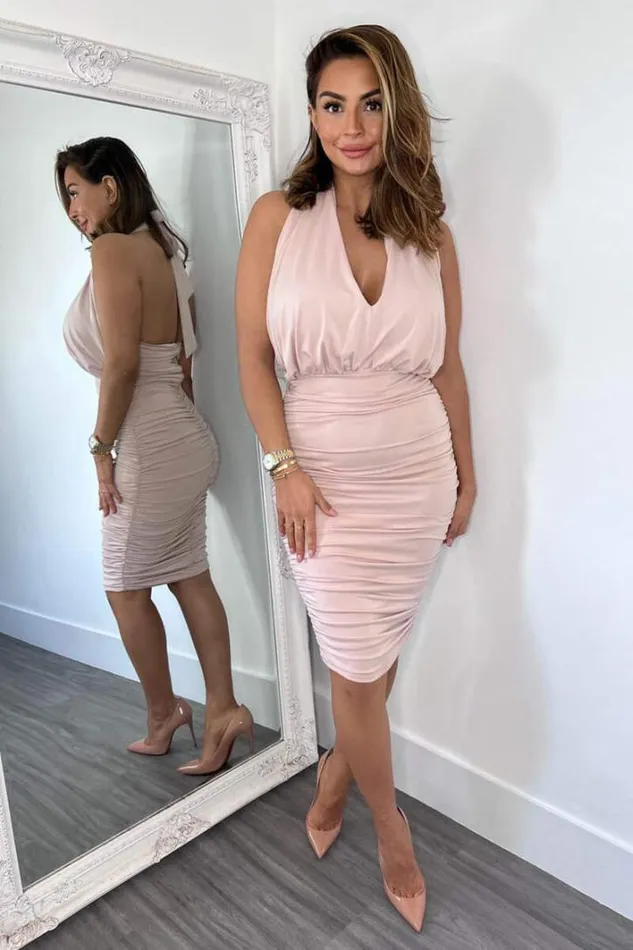 AX Paris Nude Halter Tie Neck Ruched Midi Bodycon Dress Dresses