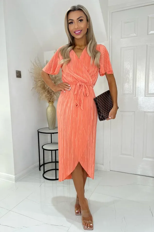 AX Paris Peach Wrap Top Belted Short Sleeve Plisse Midi Dress Dresses