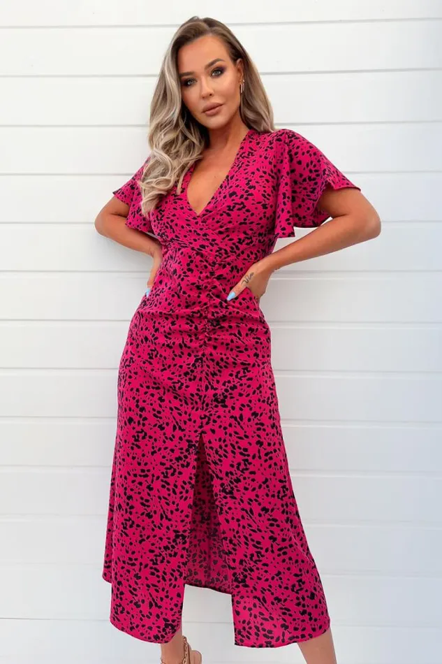 AX Paris Pink And Black Printed Split Skirt Midi Dress Dresses