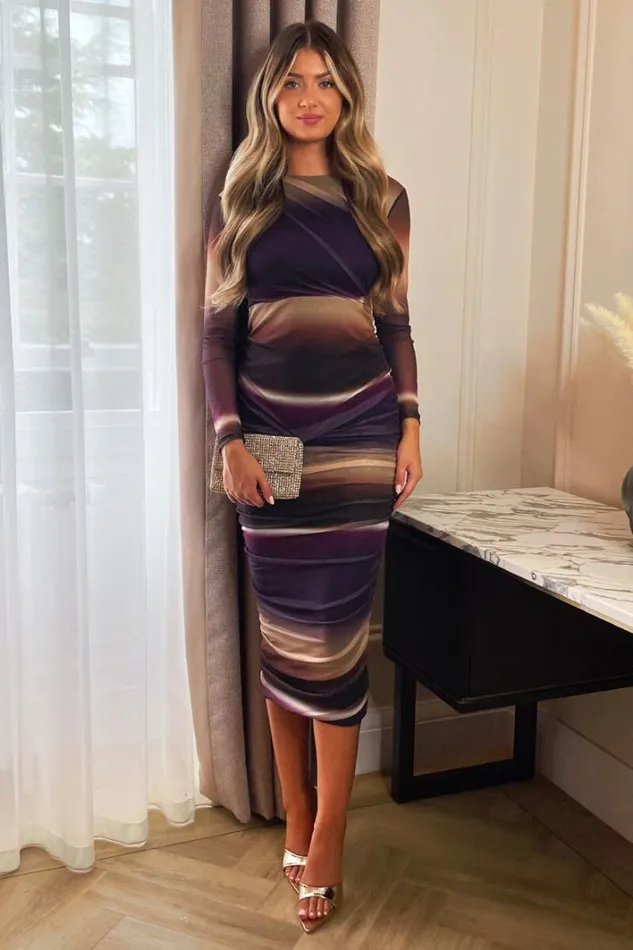 AX Paris Plum Abstract Print Mesh Long Sleeve Bodycon Midi Dress Dresses