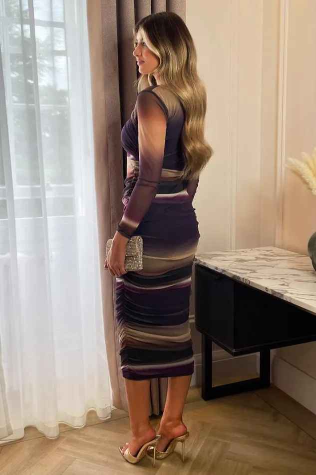 AX Paris Plum Abstract Print Mesh Long Sleeve Bodycon Midi Dress Dresses