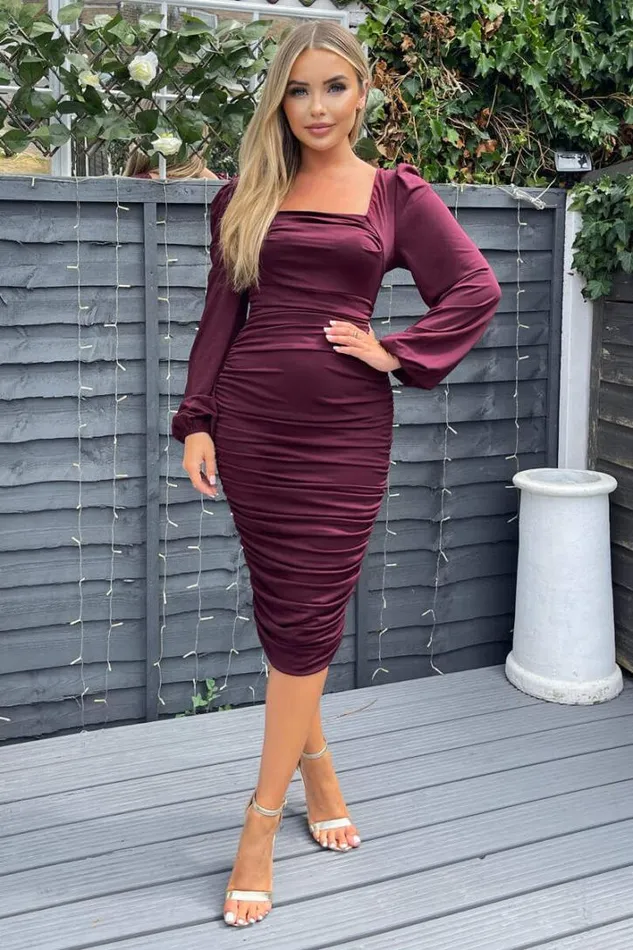 AX Paris Plum Square Neck Ruched Long Sleeve Midi Dress Dresses