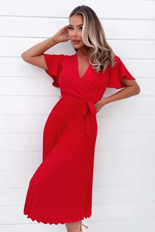 AX Paris Red Belted Pleated Skirt Midi Dress Dresses