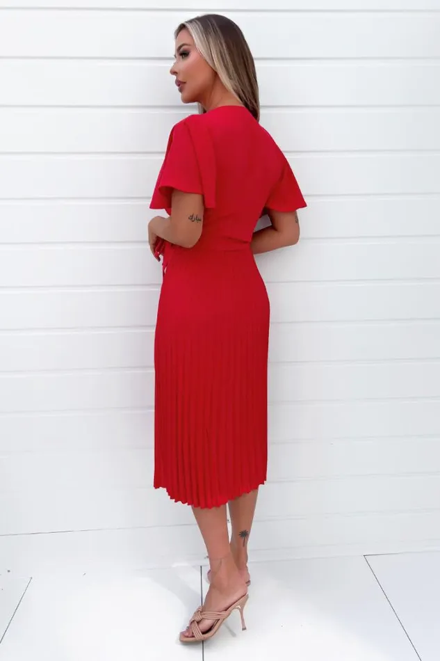AX Paris Red Belted Pleated Skirt Midi Dress Dresses
