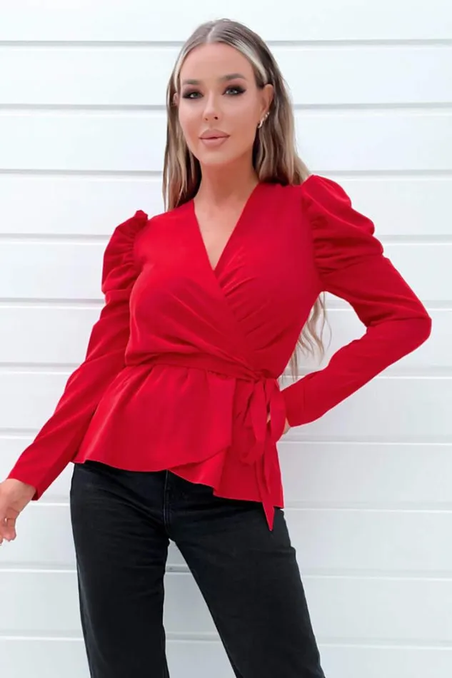 AX Paris Red Belted Wrap Long Sleeve Top Tops