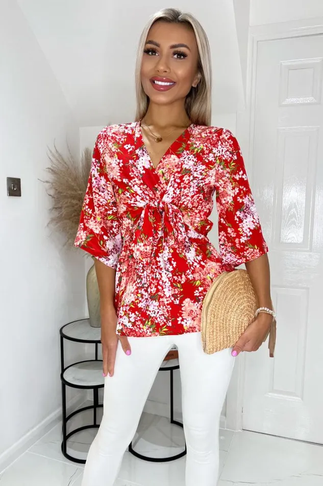 AX Paris Red Floral Front Tie Wrap Top Tops