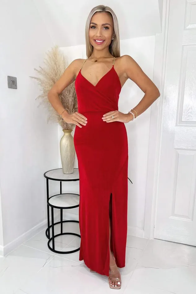 AX Paris Red Wrap Top Ruched Side Chain Strap Midi Dress Dresses