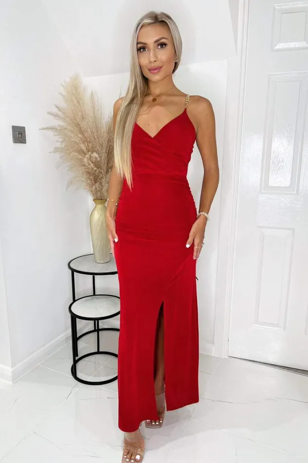 AX Paris Red Wrap Top Ruched Side Chain Strap Midi Dress Dresses