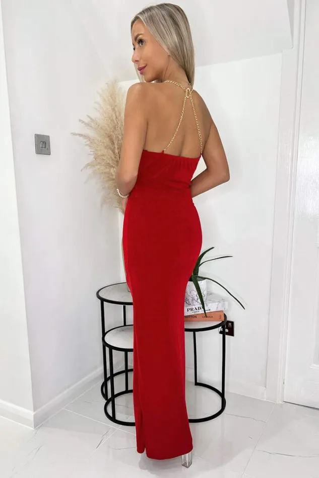 AX Paris Red Wrap Top Ruched Side Chain Strap Midi Dress Dresses