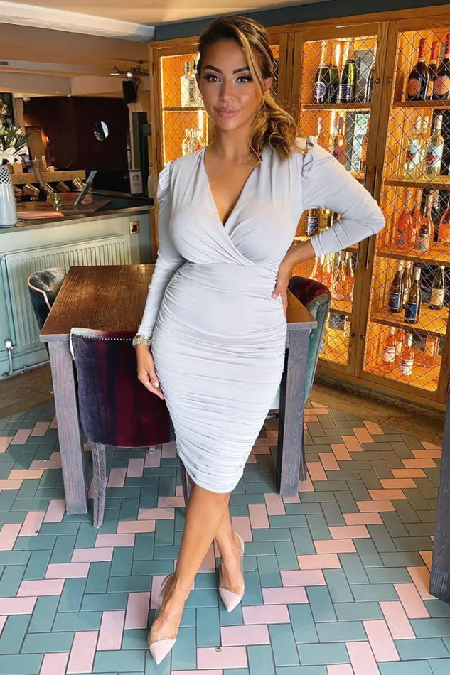 AX Paris Silver Ruched Long Sleeve Cross Front Midi Dress Midi Dresses