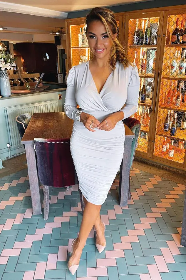AX Paris Silver Ruched Long Sleeve Cross Front Midi Dress Midi Dresses
