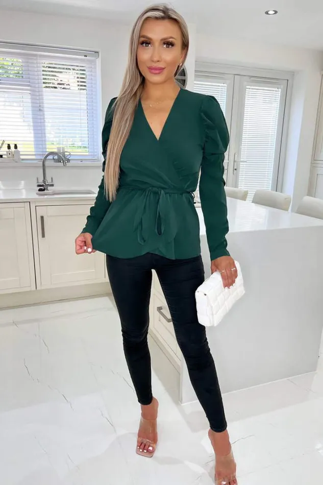 AX Paris Teal Belted Wrap Long Sleeve Top Tops