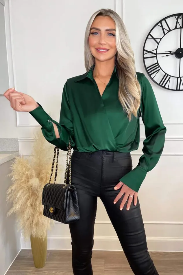 AX Paris Teal Satin Wrap Shirt Bodysuit Tops