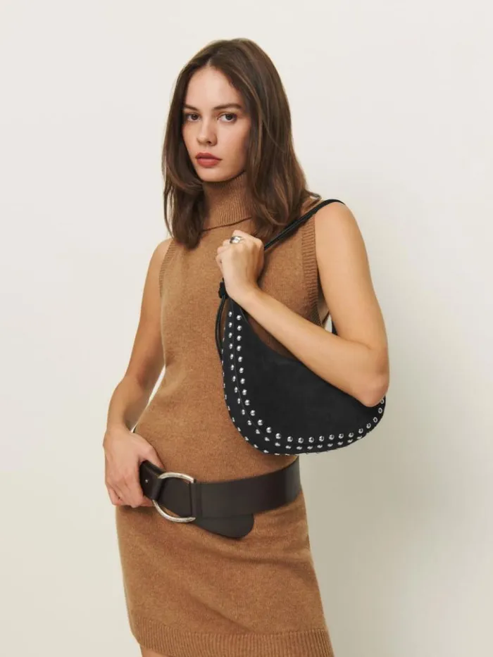Bags The Reformation Medium Rosetta Shoulder Bag Black Suede With Studs