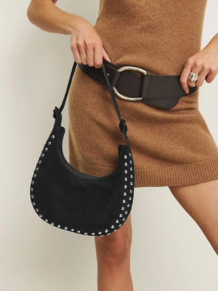 Bags The Reformation Medium Rosetta Shoulder Bag Black Suede With Studs