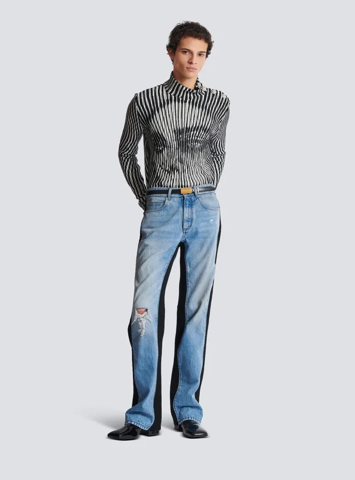 Balmain Denim Men Loosefit Denim And Knit Jeans Blue