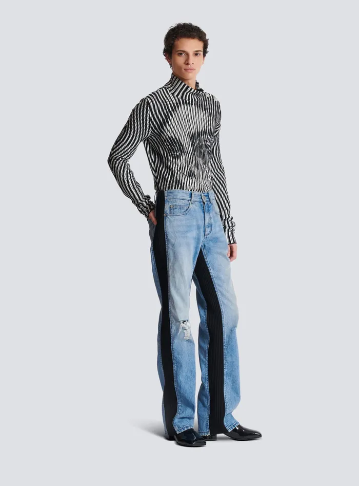 Balmain Denim Men Loosefit Denim And Knit Jeans Blue