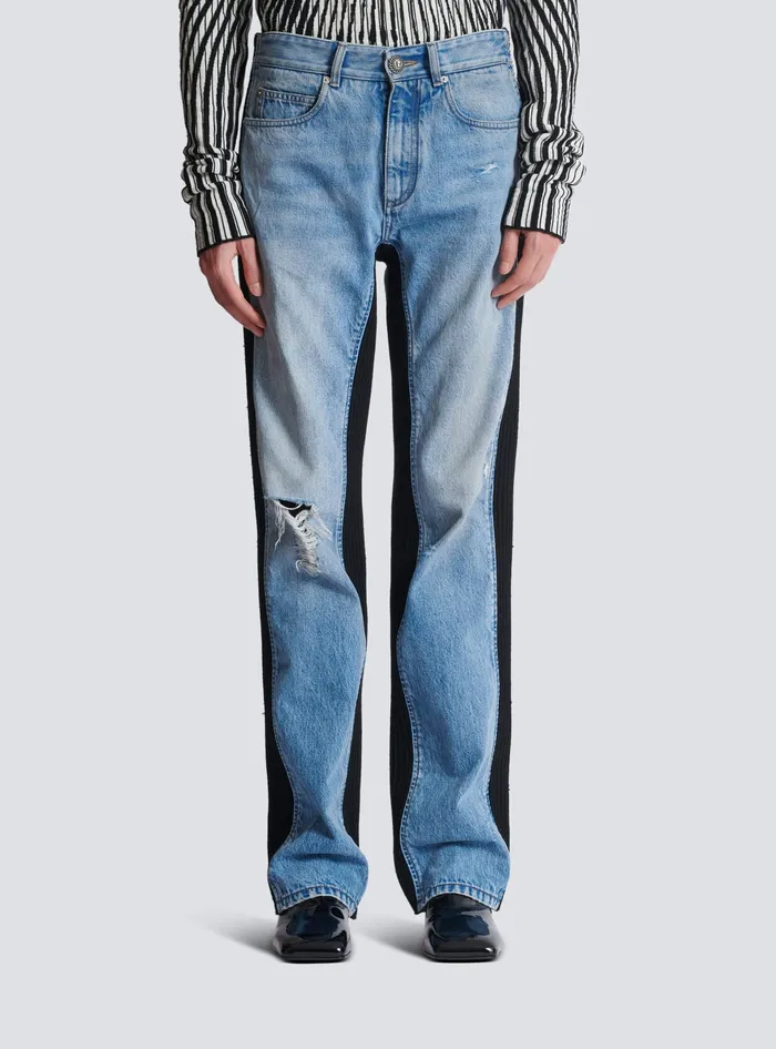 Balmain Denim Men Loosefit Denim And Knit Jeans Blue