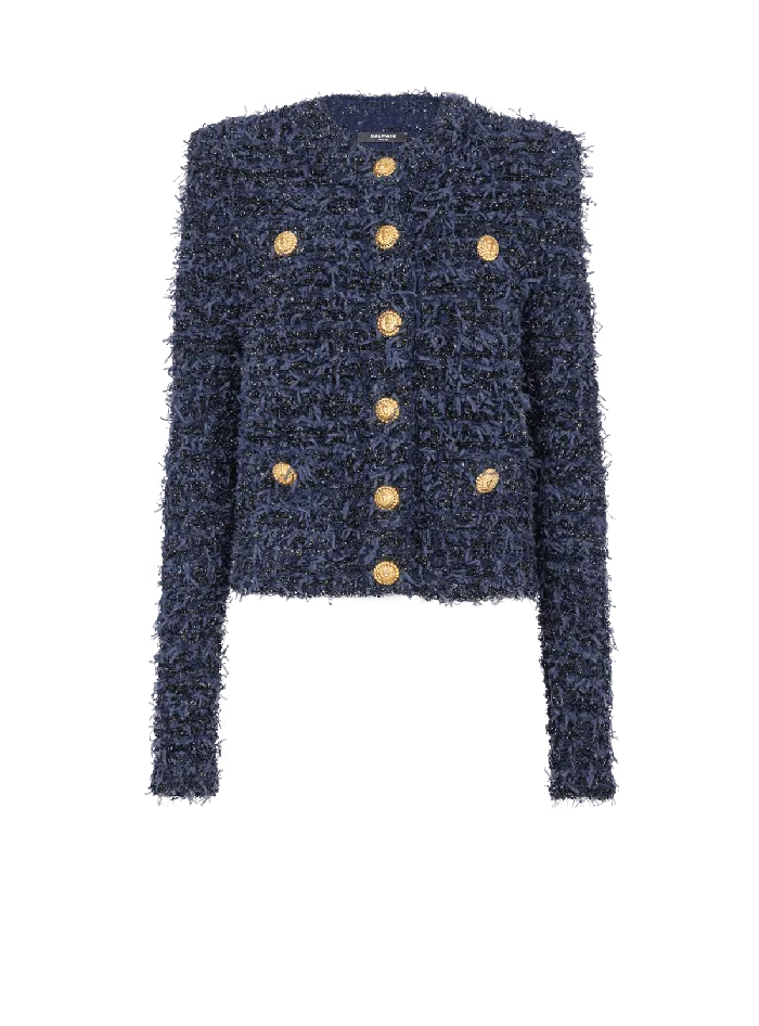 Balmain Jackets And Blazers Women Cropped Tweed Knit Jacket Navy