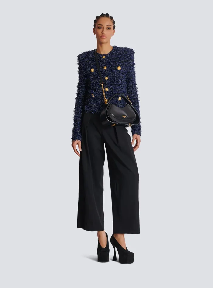 Balmain Jackets And Blazers Women Cropped Tweed Knit Jacket Navy