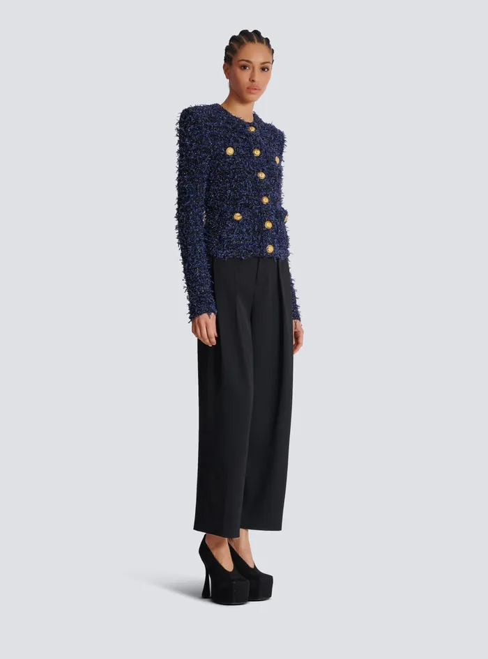Balmain Jackets And Blazers Women Cropped Tweed Knit Jacket Navy