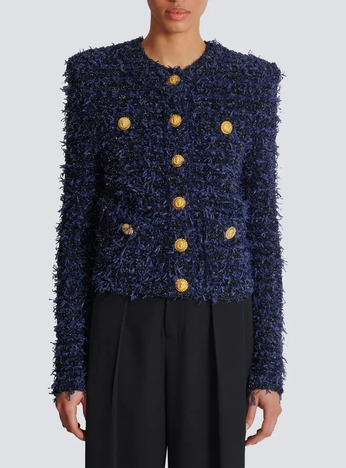Balmain Jackets And Blazers Women Cropped Tweed Knit Jacket Navy