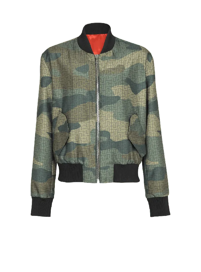 Balmain Outerwear Men Camouflage Monogrammed Shantung Bomber Jacket Khaki