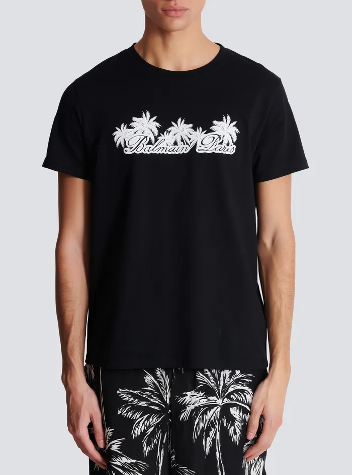 Balmain TShirts Men Tshirt With Palm Tree Signature Print Black