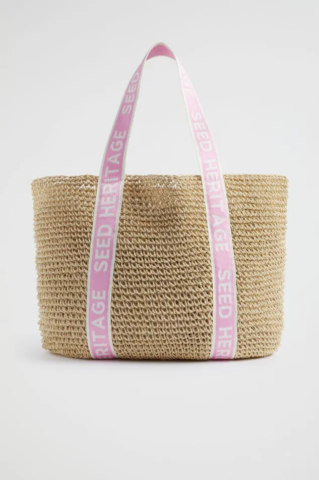 Beach Bags Woman Seed Heritage Logo Straw Tote Pink Gin