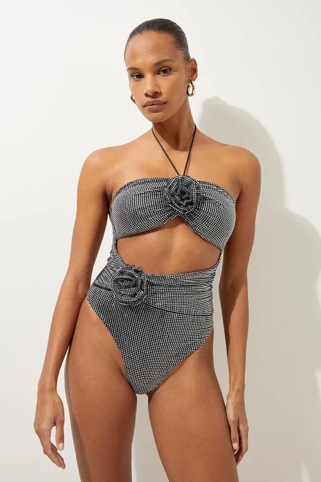 Beachwear Women Karen Millen Premium Embellished Rosette Bandeau Swimsuit Black