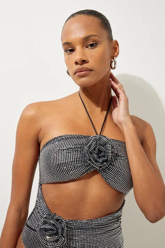 Beachwear Women Karen Millen Premium Embellished Rosette Bandeau Swimsuit Black