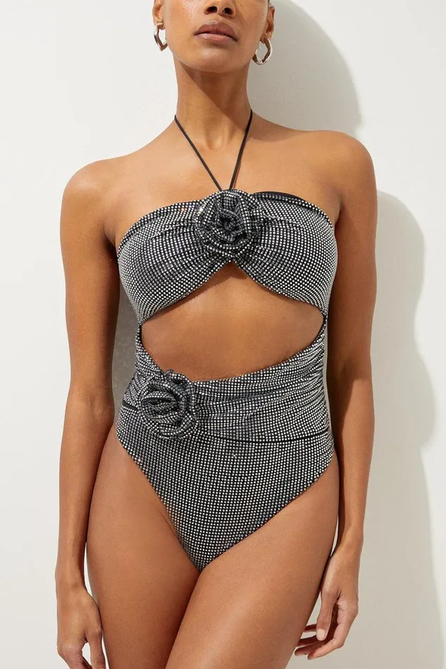 Beachwear Women Karen Millen Premium Embellished Rosette Bandeau Swimsuit Black