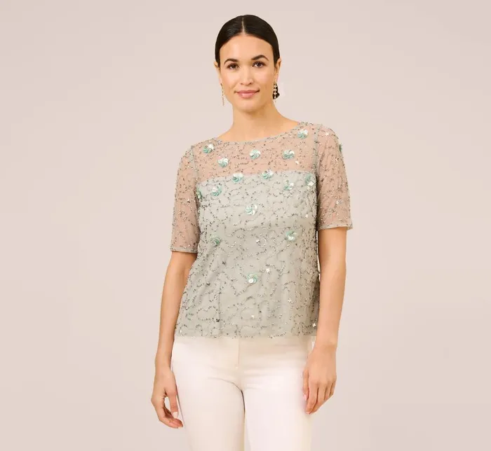 Beaded Dresses Womens Adrianna Papell HandBeaded 3D Floral Illusion Top In Frosted Sage Beaded Dresses Womens Adrianna Papell HandBeaded 3D Floral Illusion Top In Frosted Sage