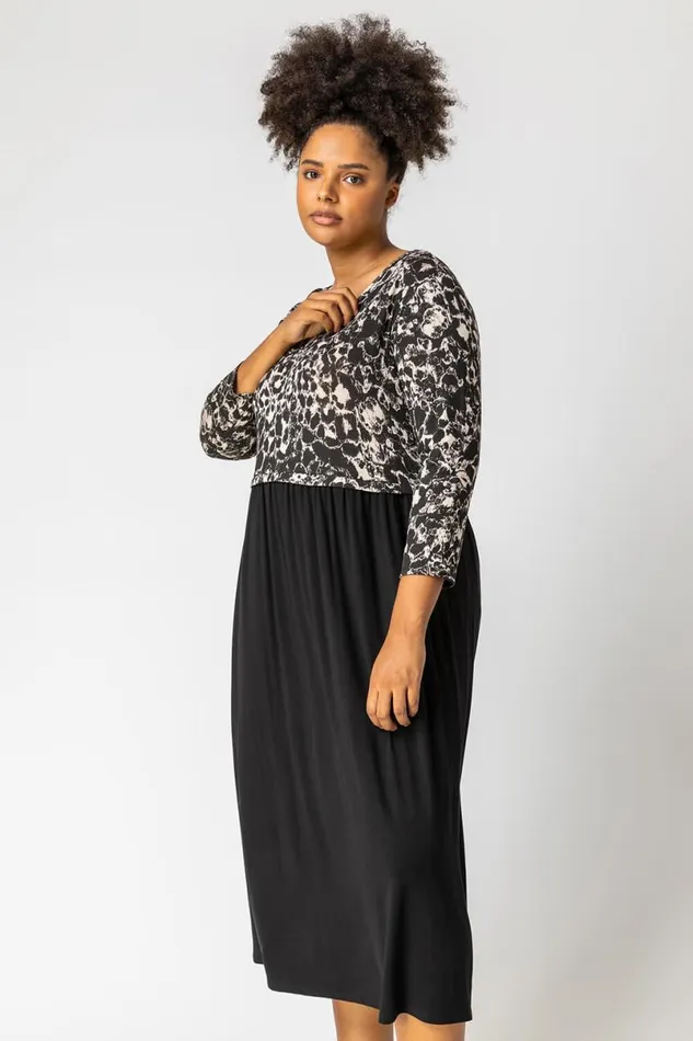 Beige Curve Animal Print Jersey Midi Dress Women Roman Dresses