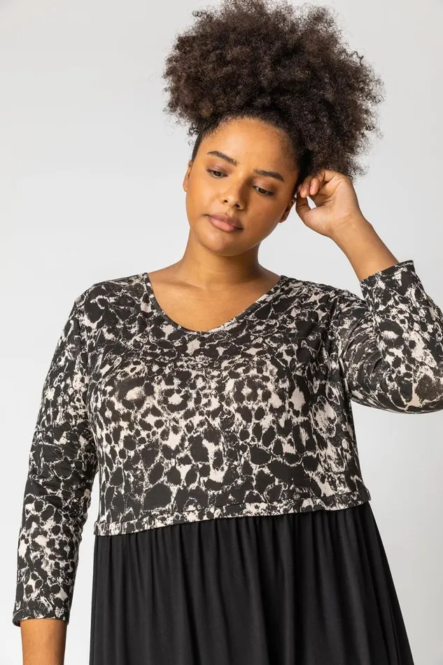 Beige Curve Animal Print Jersey Midi Dress Women Roman Dresses