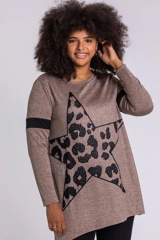 Beige Curve Star Print Jersey Top Women Roman Tops