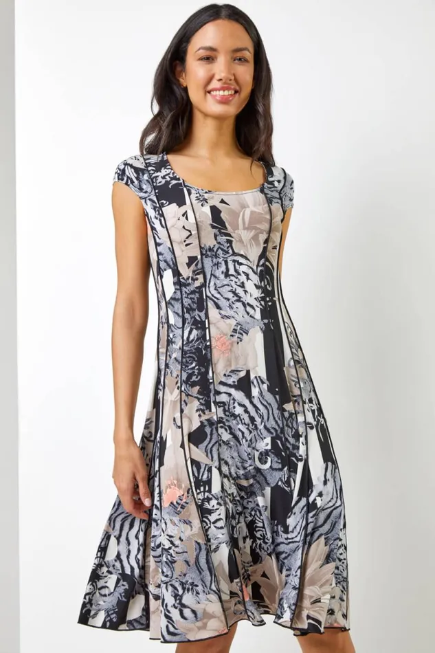 Black Abstract Floral Print Panel Dress Women Roman Dresses