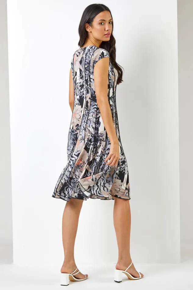 Black Abstract Floral Print Panel Dress Women Roman Dresses