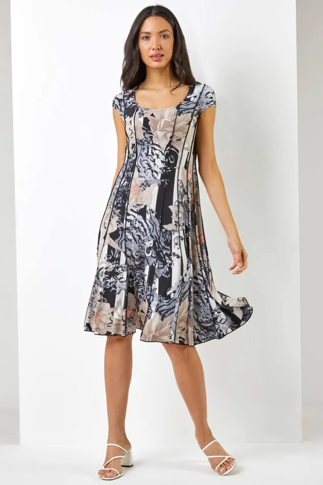 Black Abstract Floral Print Panel Dress Women Roman Dresses