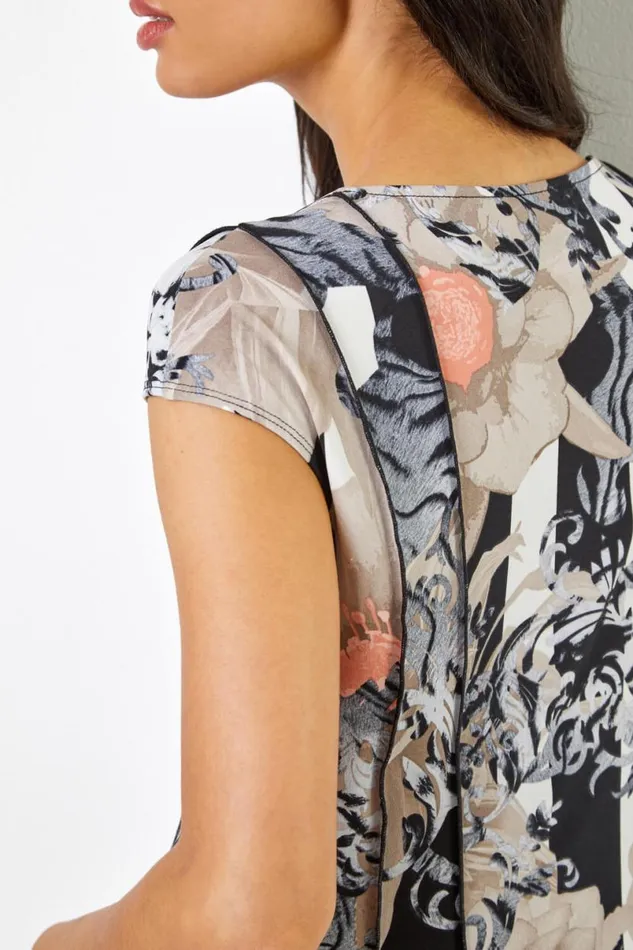 Black Abstract Floral Print Panel Dress Women Roman Dresses